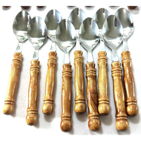 Vintage Stainless Flatware 28 Pc Wood Handle Set Taiwan Rustic Mid Century - Picture 3 of 6